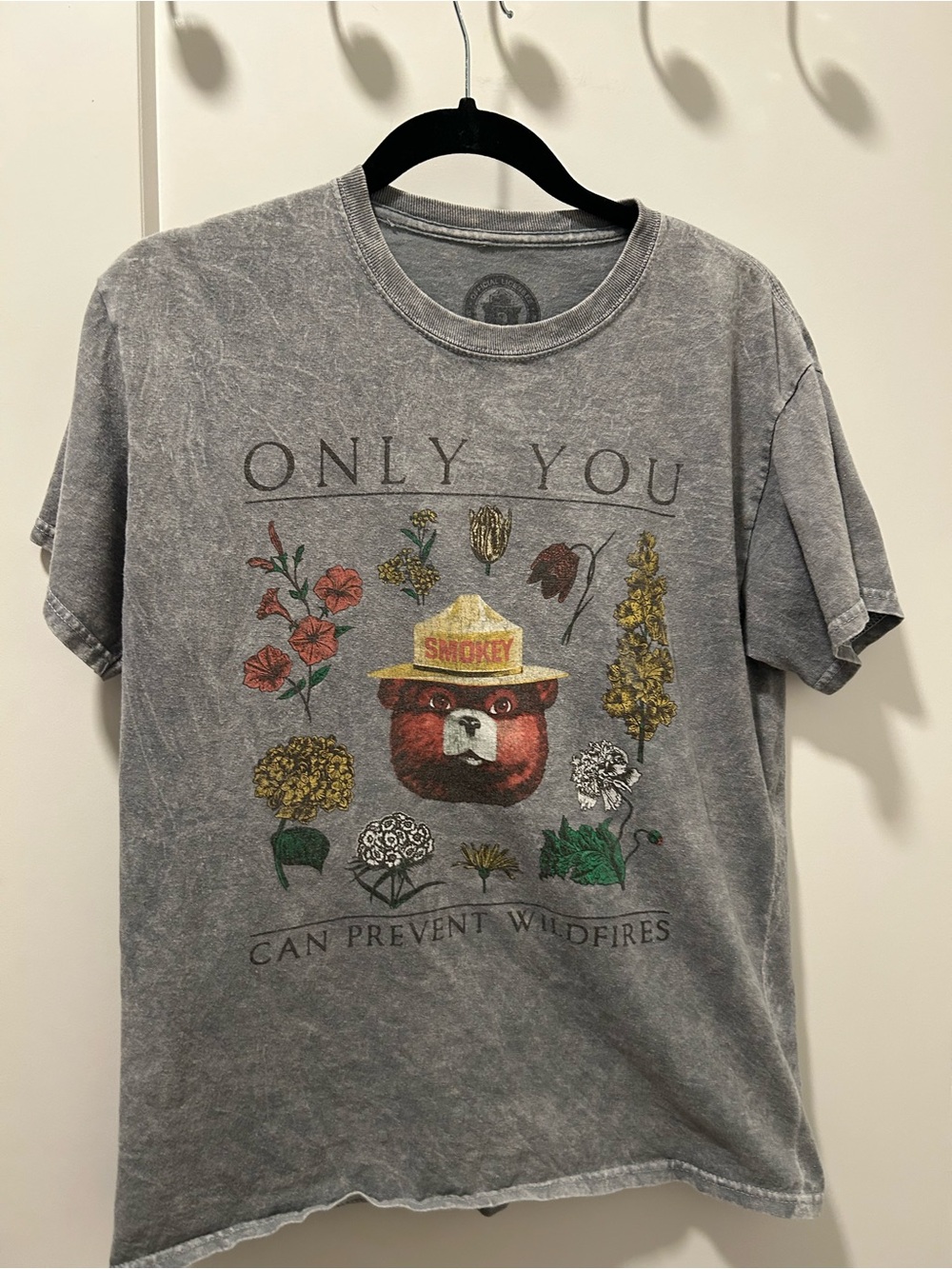 Smokey Bear Botanical Graphic Tee Gray Mineral Wash Medium